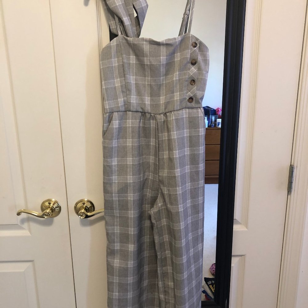 Light Gray, Plaid, Jumpsuit, Business Casual